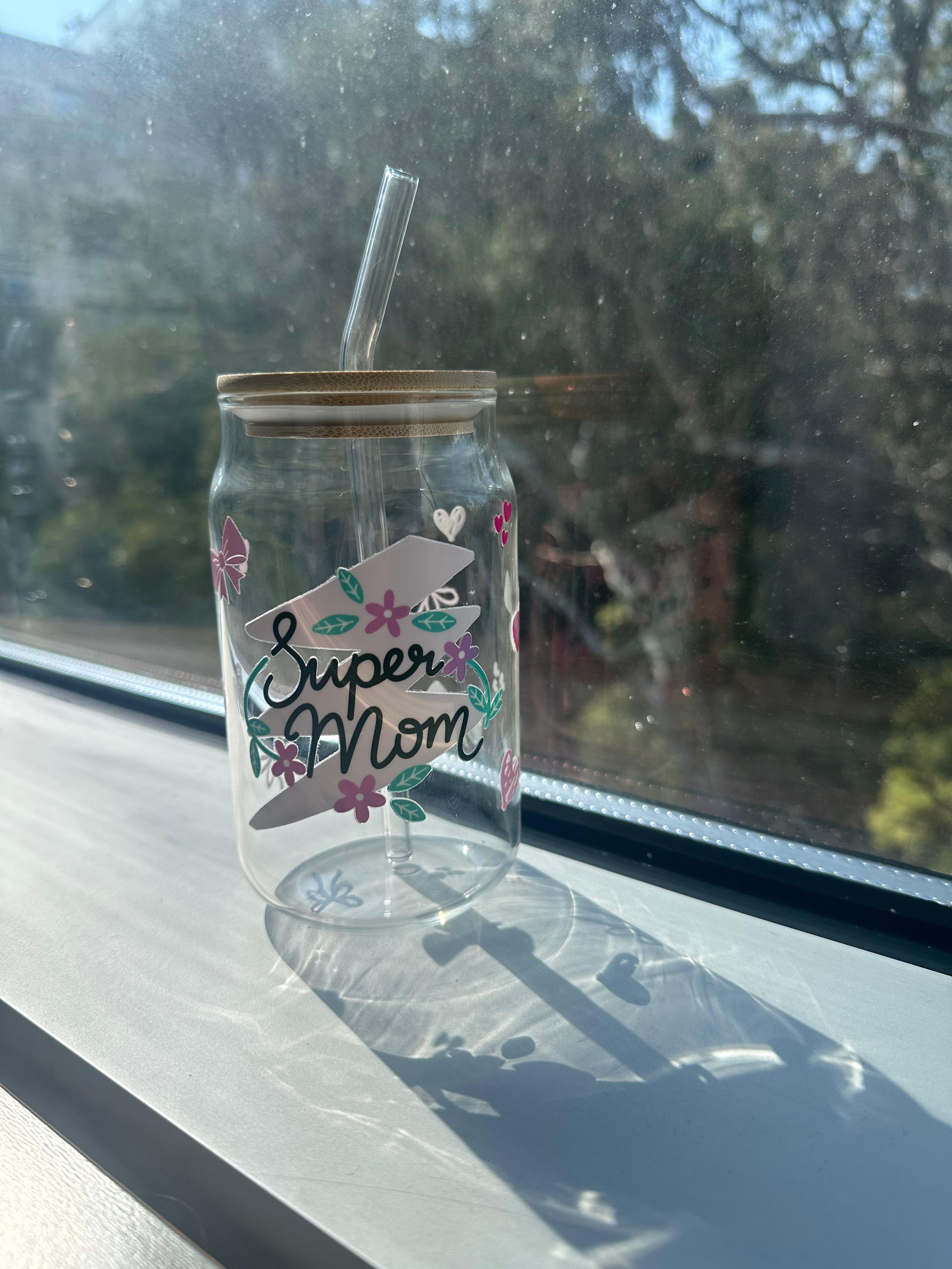 Glass Bottle with Straw-Mother's Day Theme